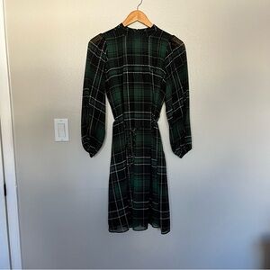 Ann Taylor Dark Green Plaid Long Sleeve Dress